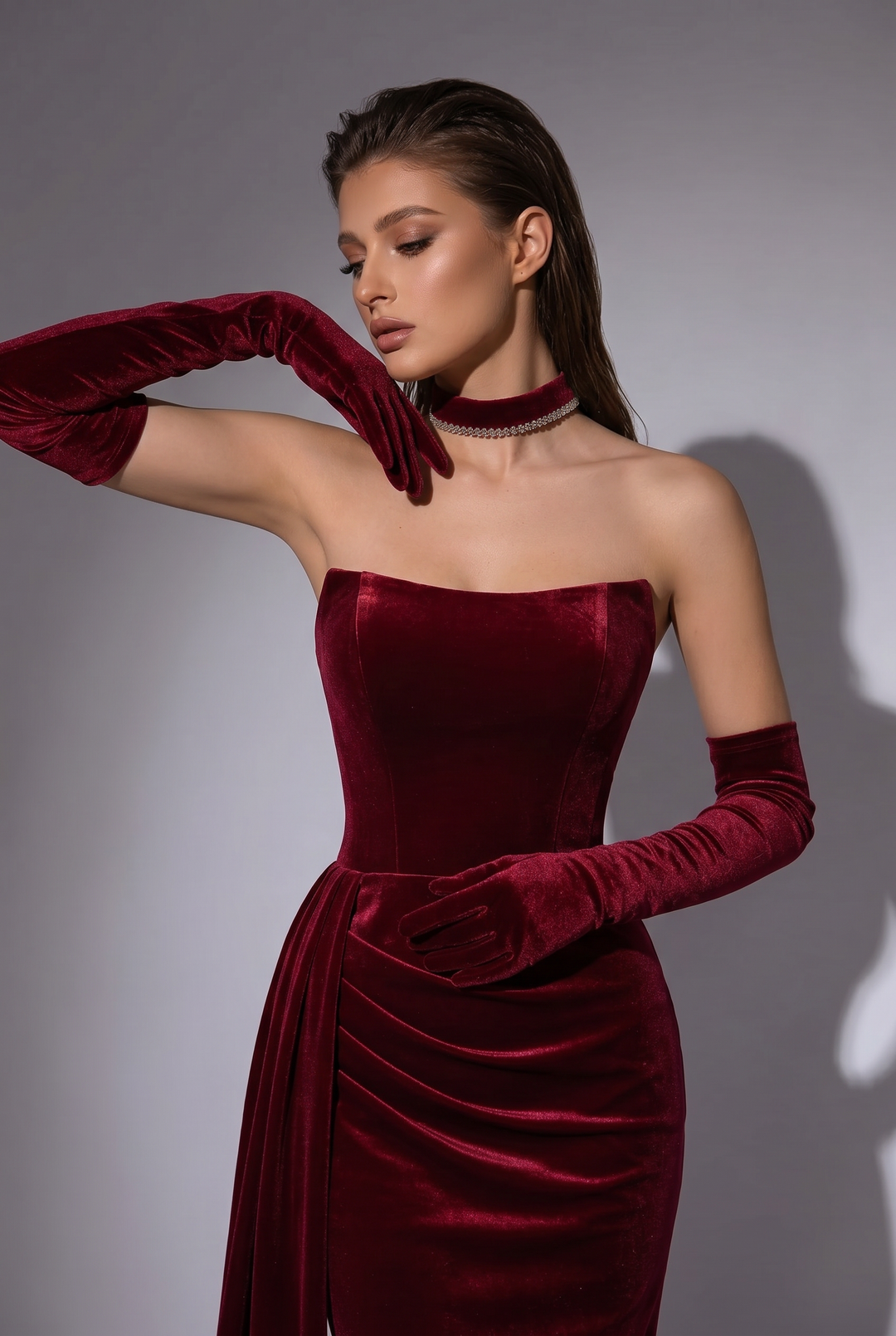 Gothic Red Evening Dress with Corset Back - Red Velvet Evening Gown with Draped Skirt Plus Size