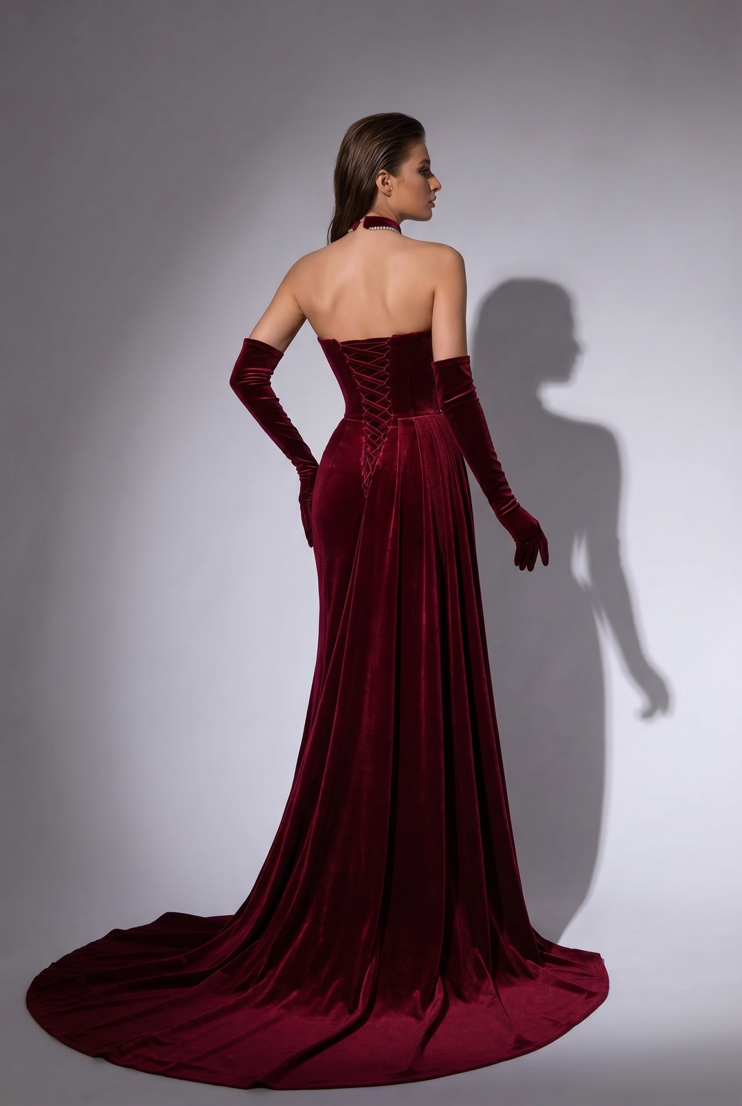 Gothic Red Evening Dress with Corset Back - Red Velvet Evening Gown with Draped Skirt Plus Size