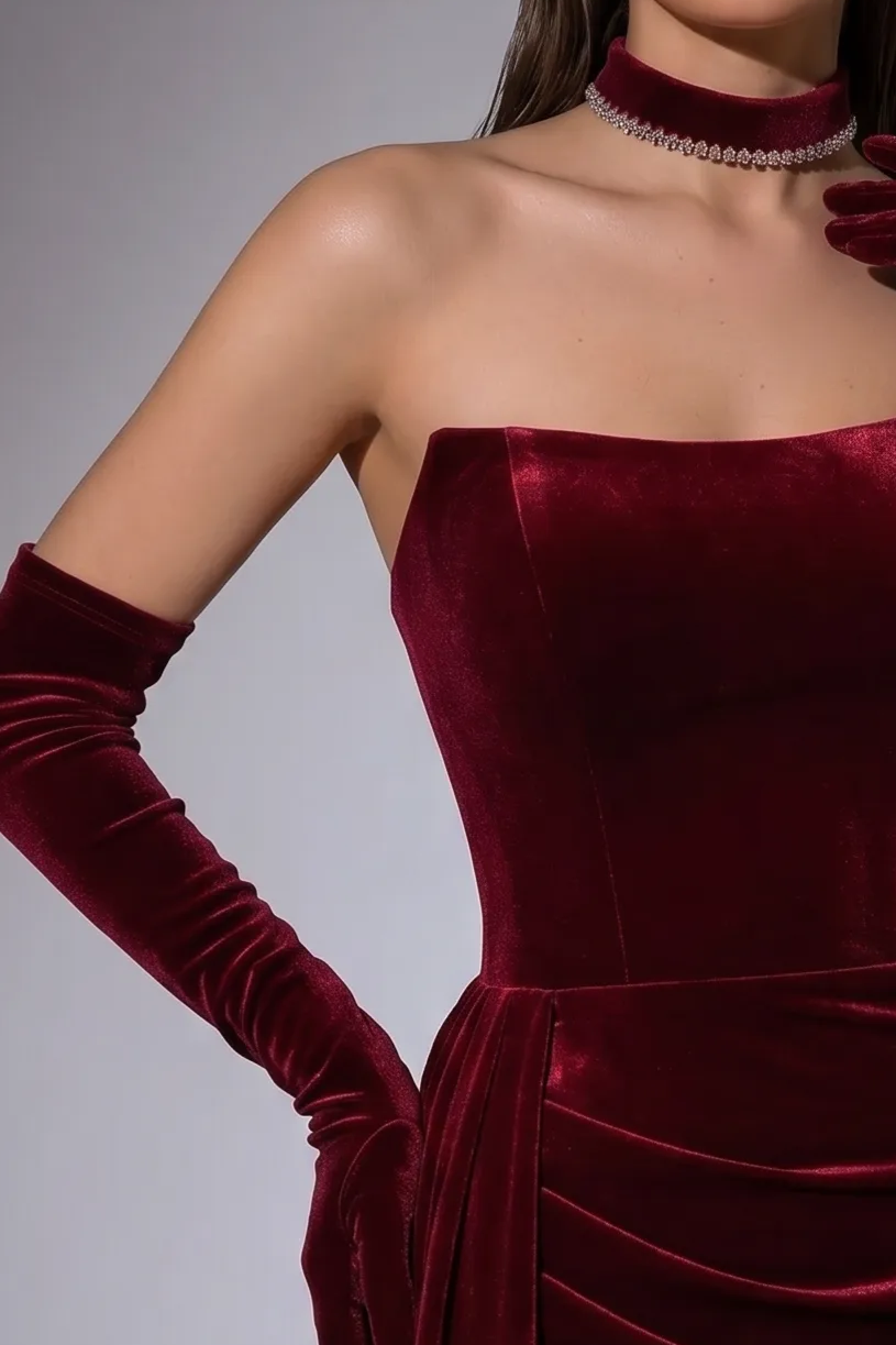 Gothic Red Evening Dress with Corset Back - Red Velvet Evening Gown with Draped Skirt Plus Size