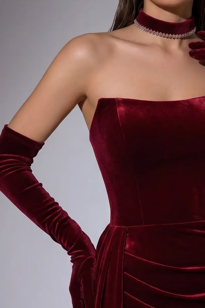 Gothic Red Evening Dress with Corset Back - Red Velvet Evening Gown with Draped Skirt Plus Size