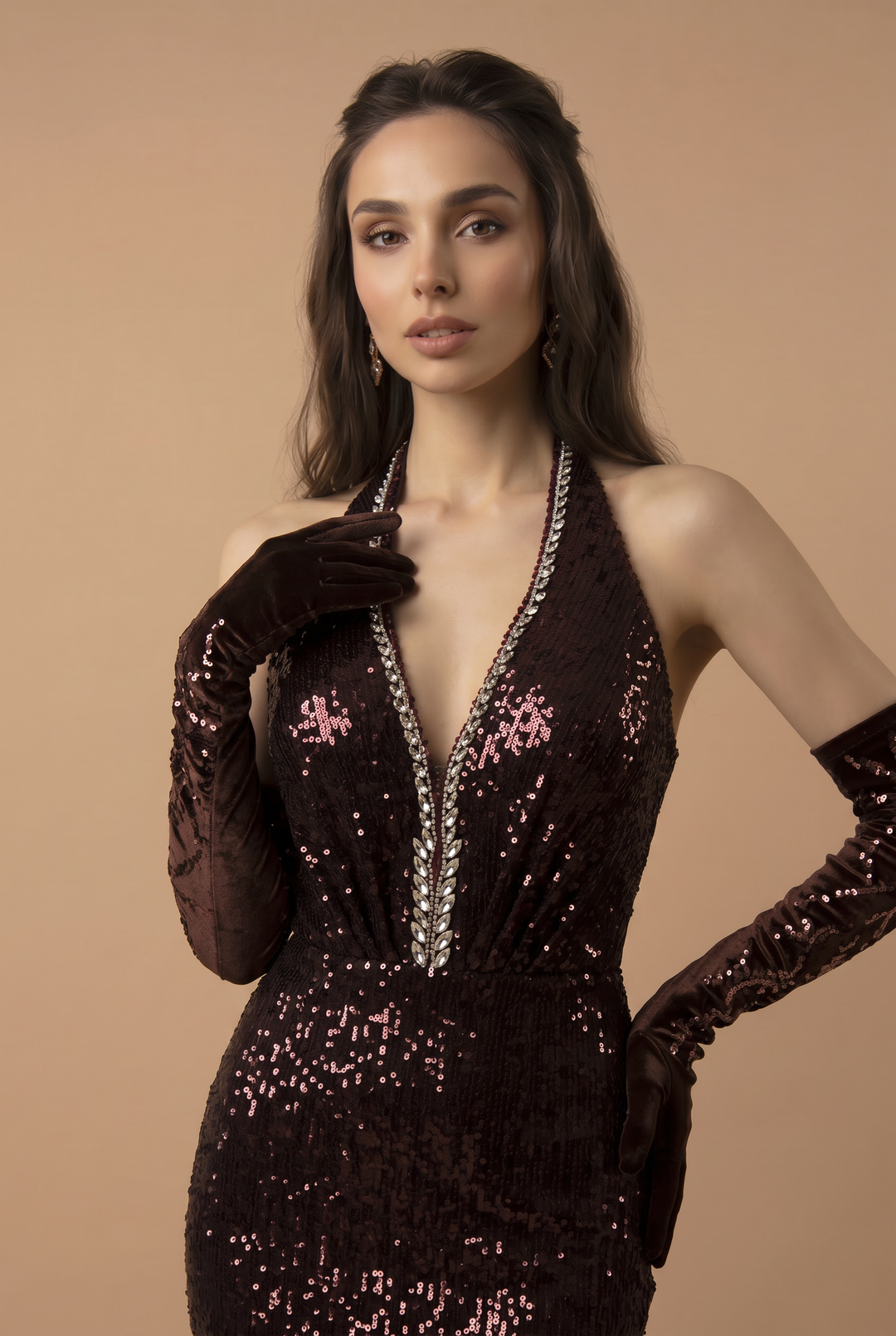 Gothic Red Evening Dress with Embellished Halter Neck - Designer Sequin Gown - Designer Sequin Gown Plus Size
