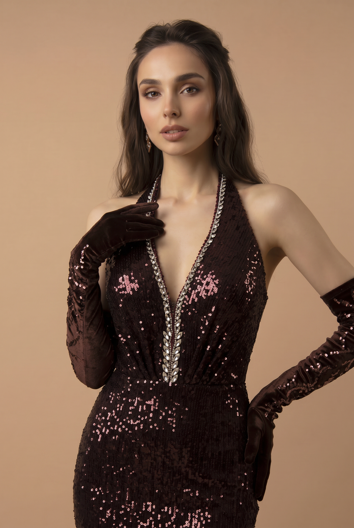 Gothic Red Evening Dress with Embellished Halter Neck - Designer Sequin Gown - Designer Sequin Gown Plus Size