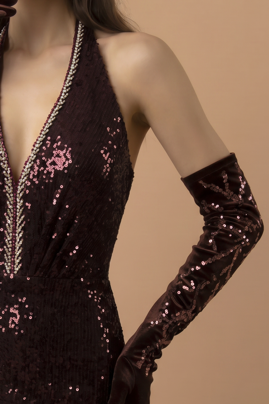 Gothic Red Evening Dress with Embellished Halter Neck - Designer Sequin Gown - Designer Sequin Gown Plus Size