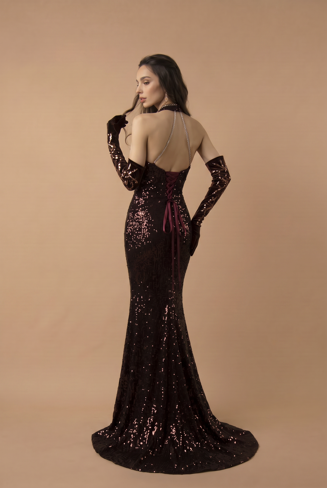 Gothic Red Evening Dress with Embellished Halter Neck - Designer Sequin Gown - Designer Sequin Gown Plus Size
