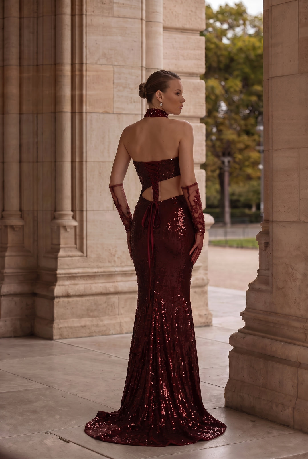 Gothic Red Evening Dress with Floral Accents - Red Sequin Evening Gown