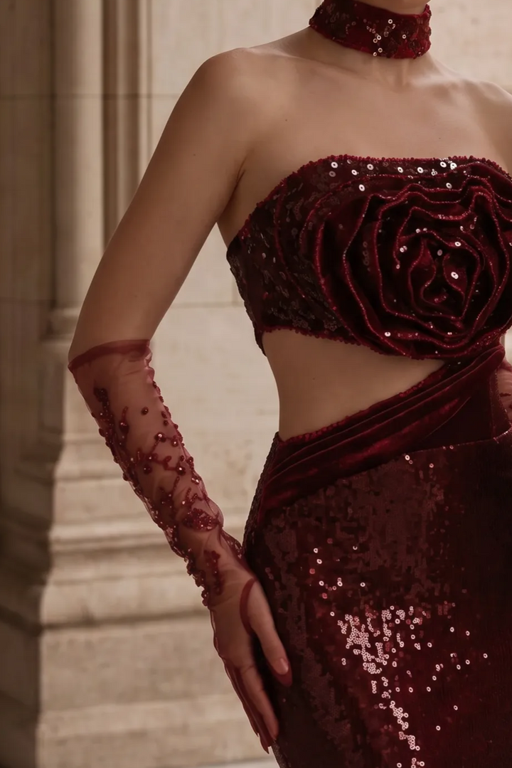 Gothic Red Evening Dress with Floral Accents - Red Sequin Evening Gown - Elegant Mermaid Dress Evening Gown Plus Size