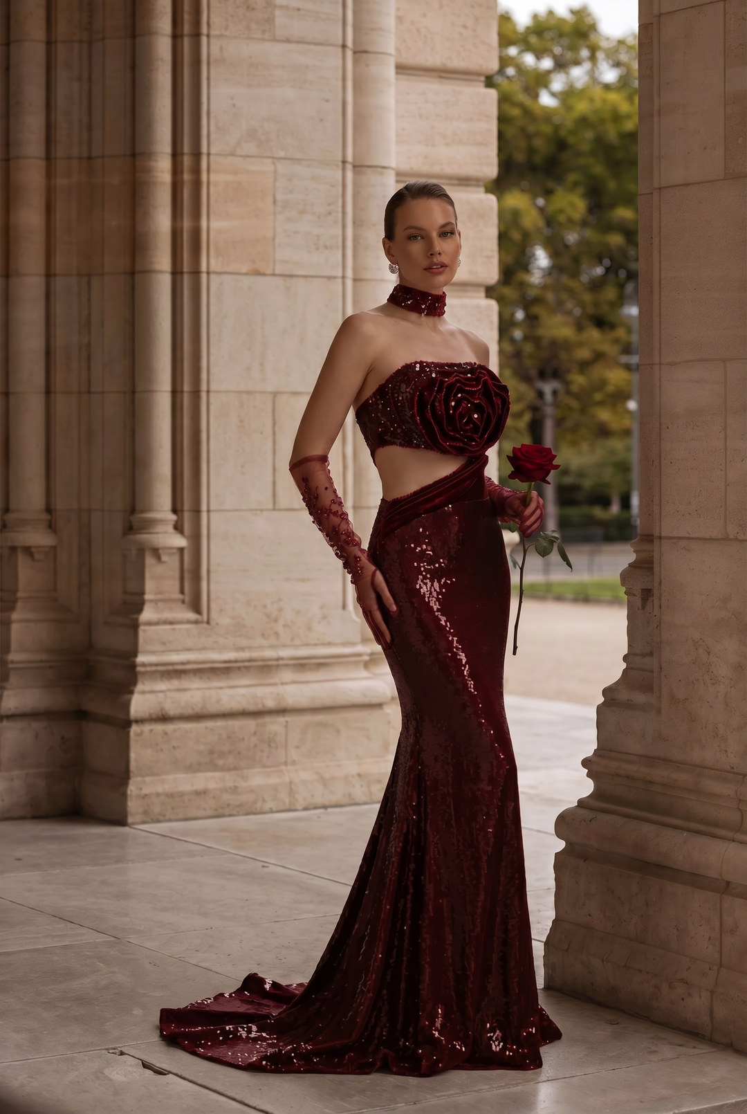 Gothic Red Evening Dress with Floral Accents - Red Sequin Evening Gown