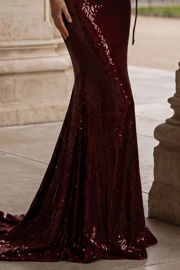 Gothic Red Evening Dress with Floral Accents - Red Sequin Evening Gown - Elegant Mermaid Dress Evening Gown Plus Size