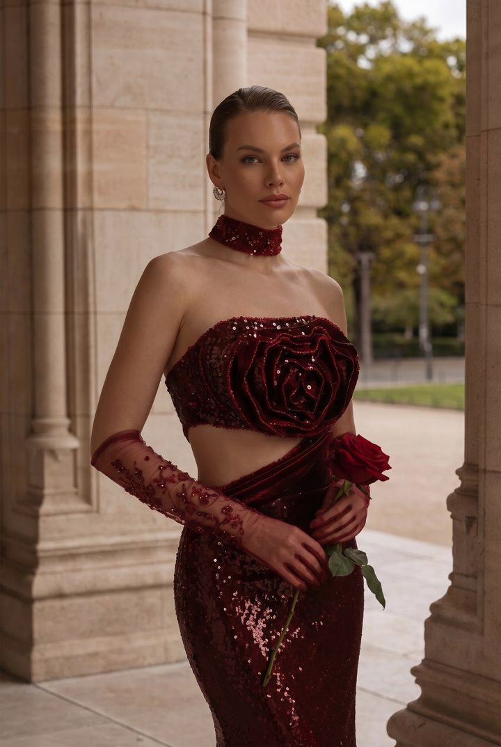 Gothic Red Evening Dress with Floral Accents - Red Sequin Evening Gown - Elegant Mermaid Dress Evening Gown Plus Size