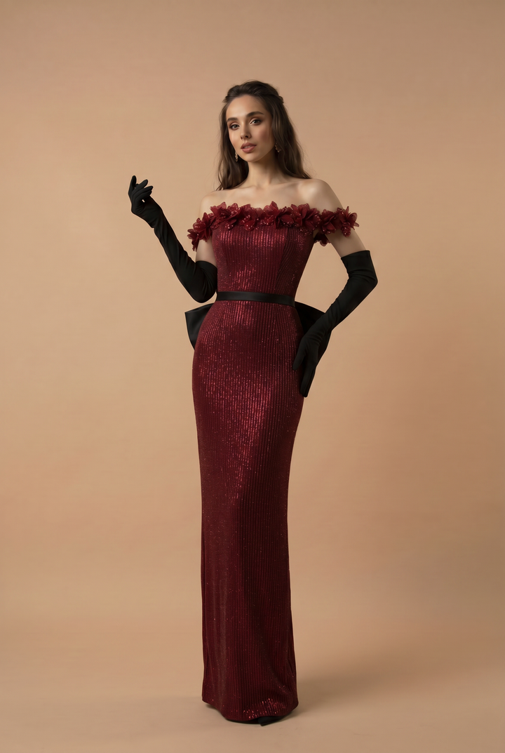 Gothic Red Evening Dress with Floral Accents - Red Sequin Evening Gown - Elegant Off-Shoulder Gown with Bow Plus Size