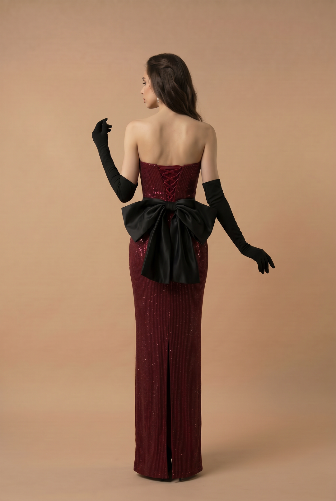 Gothic Red Evening Dress with Floral Accents - Red Sequin Evening Gown - Elegant Off-Shoulder Gown with Bow Plus Size
