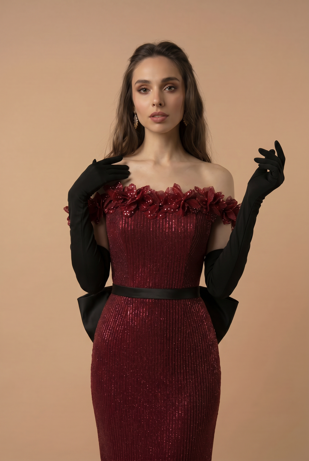 Gothic Red Evening Dress with Floral Accents - Red Sequin Evening Gown - Elegant Off-Shoulder Gown with Bow Plus Size