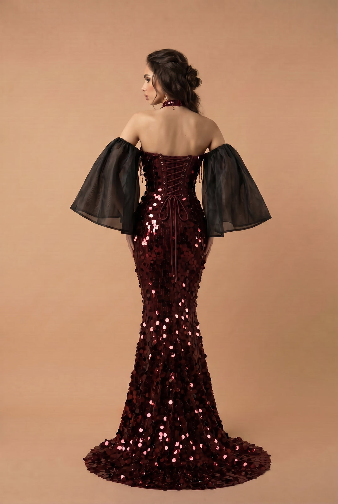 Gothic Red Evening Dress with Sleeves - Red Sequin Ball Gown with Illusion Sleeves and Corset Back Plus Size