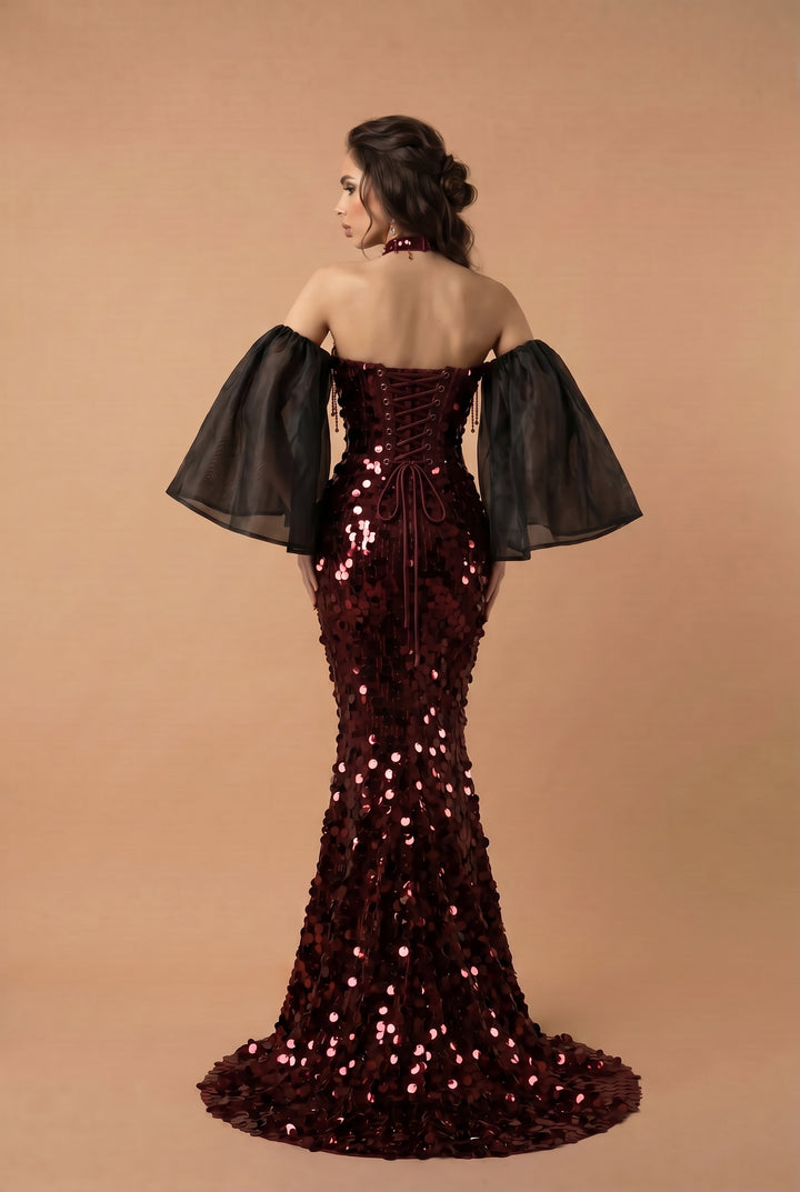 Gothic Red Evening Dress with Sleeves - Red Sequin Ball Gown with Illusion Sleeves and Corset Back Plus Size
