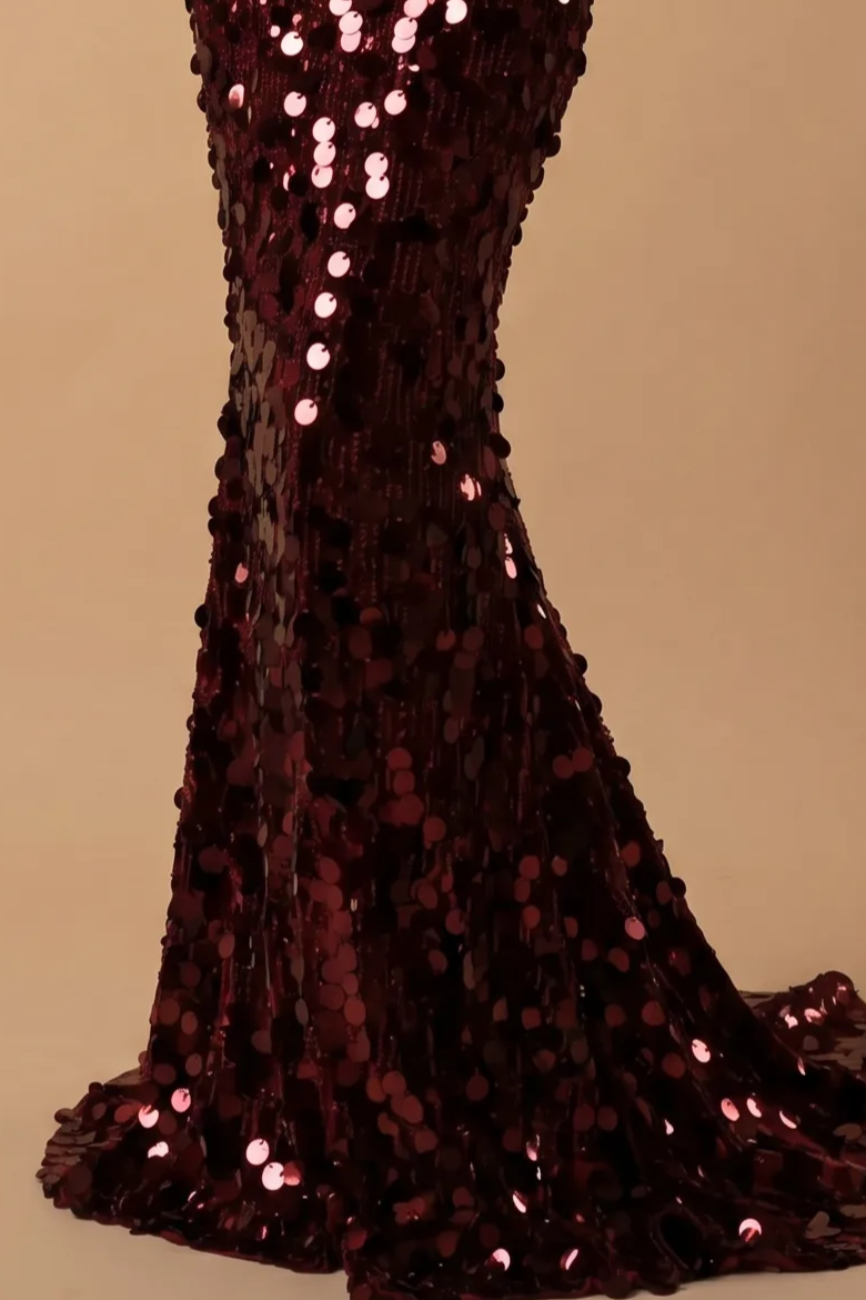Gothic Red Evening Dress with Sleeves - Red Sequin Ball Gown with Illusion Sleeves and Corset Back Plus Size