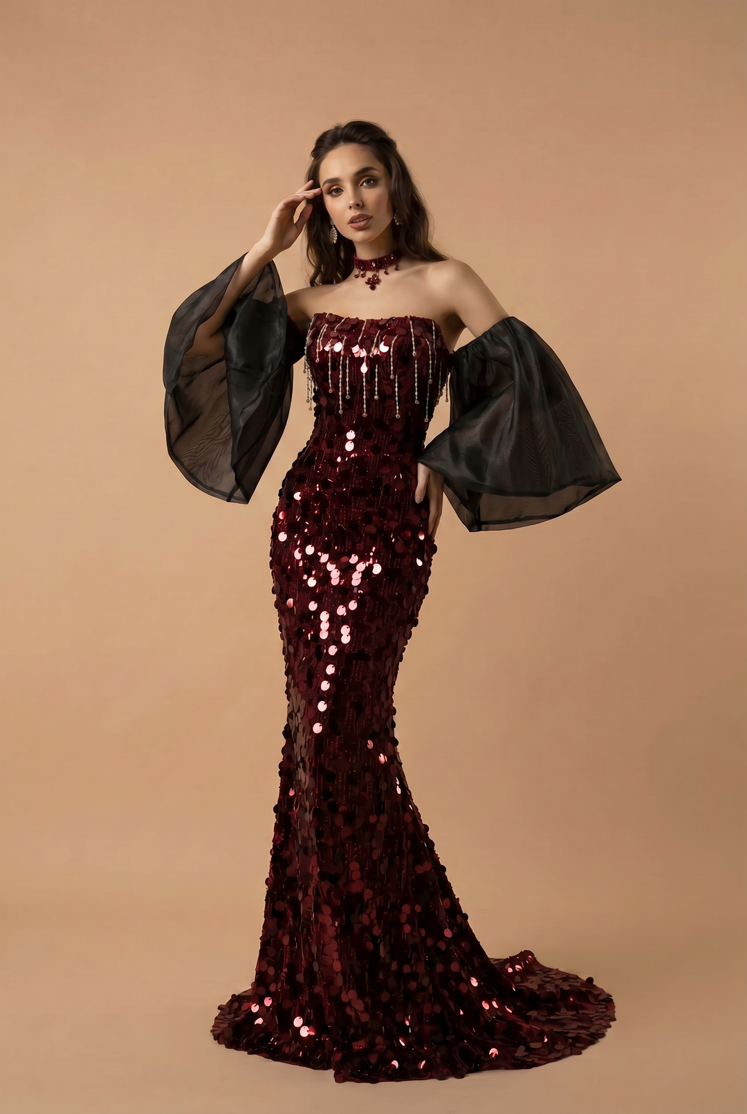 Gothic Red Evening Dress with Sleeves