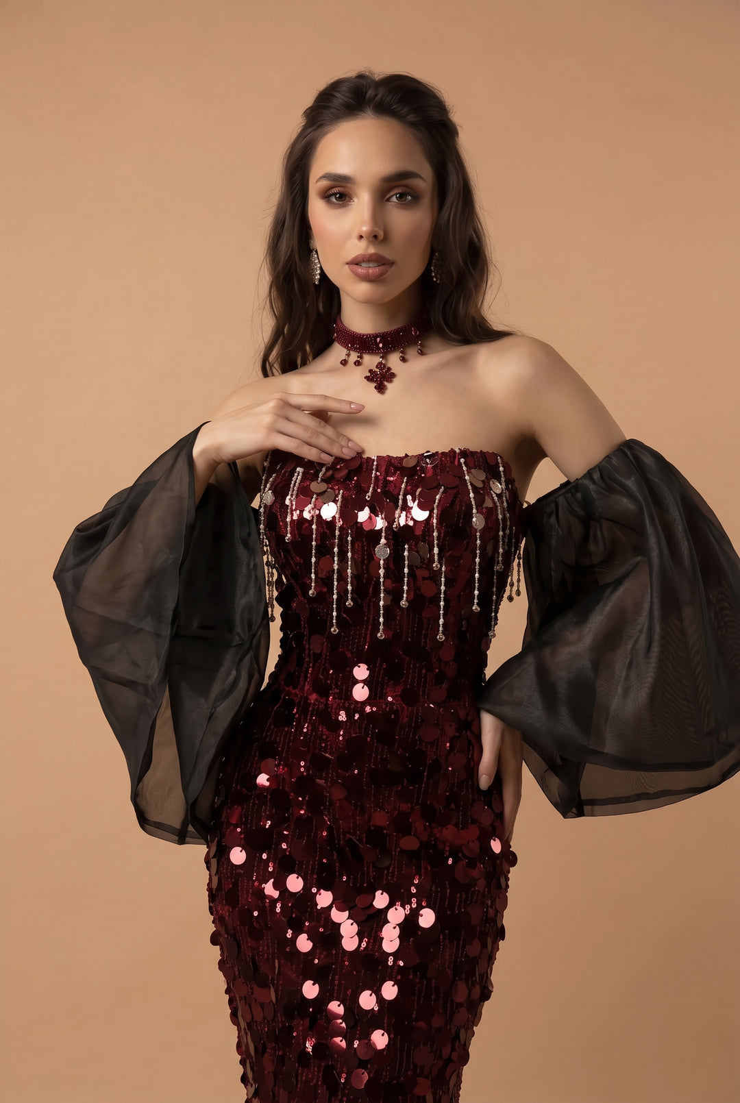 Gothic Red Evening Dress with Sleeves - Red Sequin Ball Gown with Illusion Sleeves and Corset Back Plus Size