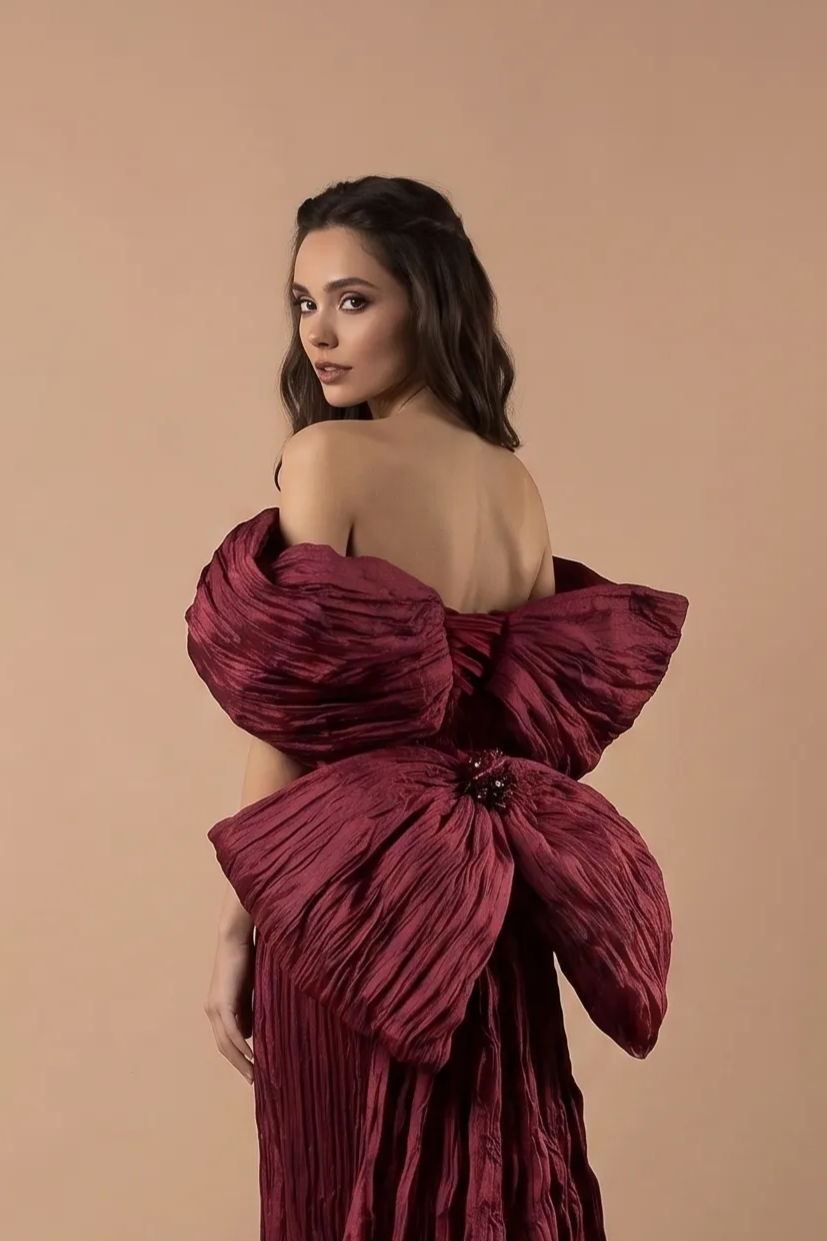 Gothic Red Mermaid Evening Gown with Floral Accessories - Red Velvet Dress with Bow -  Strapless Evening Dress with Fitted Skirt Plus Size