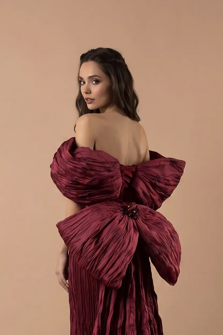 Gothic Red Mermaid Evening Gown with Floral Accessories - Red Velvet Dress with Bow -  Strapless Evening Dress with Fitted Skirt Plus Size