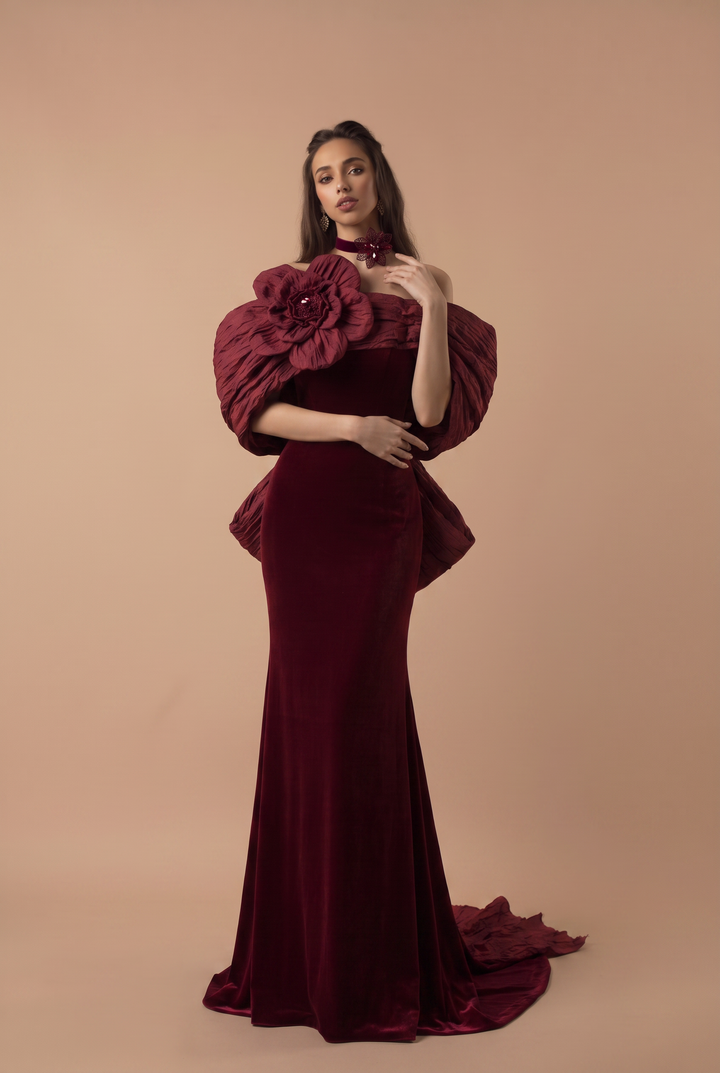 Gothic Red Mermaid Evening Gown with Floral Accessories - Red Velvet Dress with Bow -  Strapless Evening Dress with Fitted Skirt Plus Size