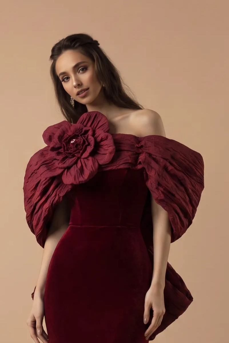 Gothic Red Mermaid Evening Gown with Floral Accessories - Red Velvet Dress with Bow -  Strapless Evening Dress with Fitted Skirt Plus Size