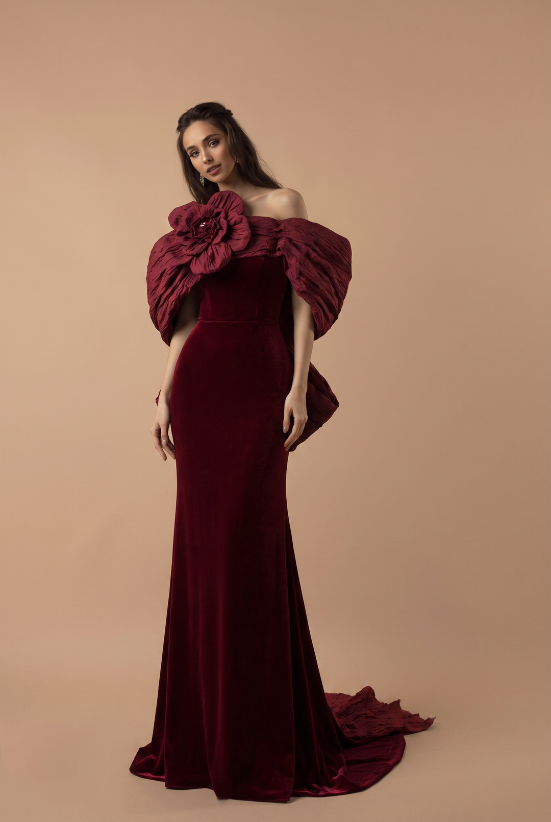 Gothic Red Mermaid Evening Gown with Floral Accessories - Red Velvet Dress with Bow -  Strapless Evening Dress with Fitted Skirt Plus Size