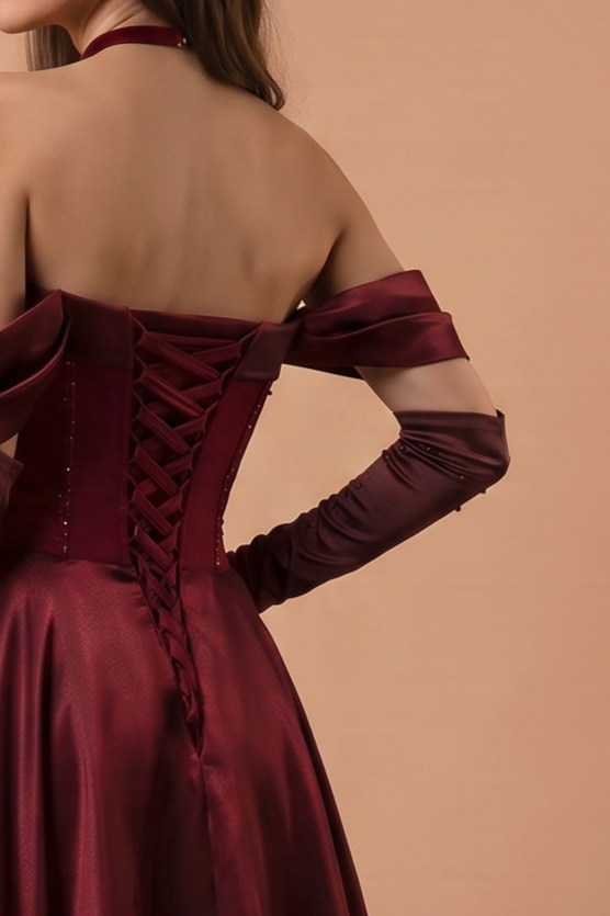 Gothic Red Satin Evening Gown with Corset Back - Off-the-Shoulder Evening Dress Plus Size
