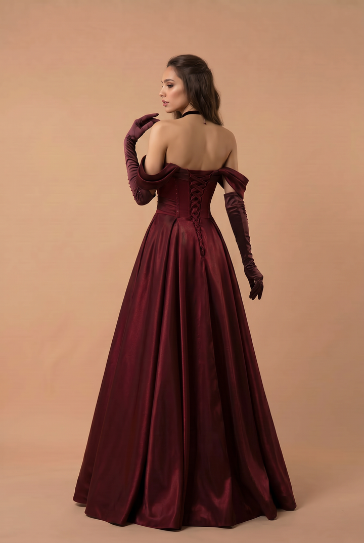 Gothic Red Satin Evening Gown with Corset Back - Off-the-Shoulder Evening Dress Plus Size