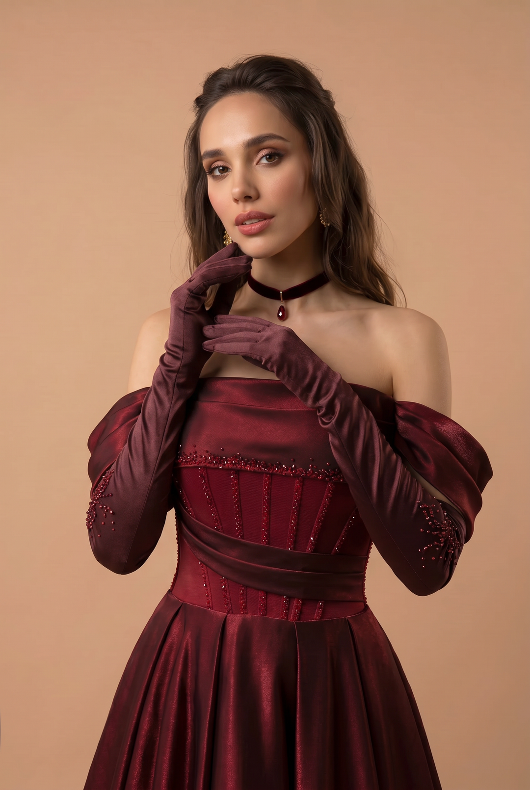 Gothic Red Satin Evening Gown with Corset Back - Off-the-Shoulder Evening Dress Plus Size
