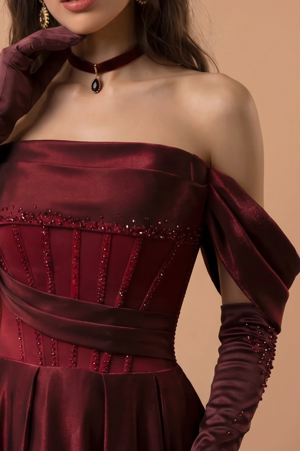 Gothic Red Satin Evening Gown with Corset Back - Off-the-Shoulder Evening Dress Plus Size