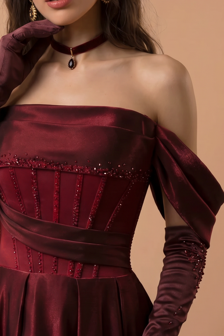 Gothic Red Satin Evening Gown with Corset Back - Off-the-Shoulder Evening Dress Plus Size