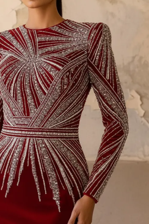 Gothic Red Velvet Sequin Evening Gown with Embellishments - Long Sleeve Red Pretty Sequin Dress Plus Size