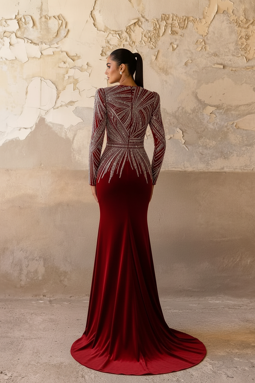 Gothic Red Velvet Sequin Evening Gown with Embellishments - Long Sleeve Red Pretty Sequin Dress Plus Size