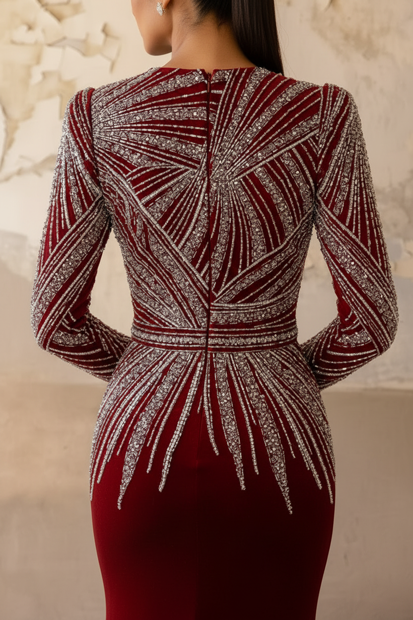 Gothic Red Velvet Sequin Evening Gown with Embellishments - Long Sleeve Red Pretty Sequin Dress Plus Size