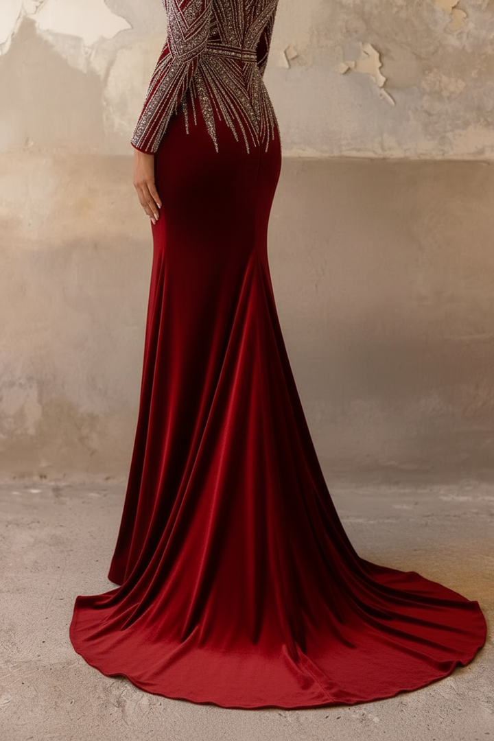 Gothic Red Velvet Sequin Evening Gown with Embellishments - Long Sleeve Red Pretty Sequin Dress Plus Size