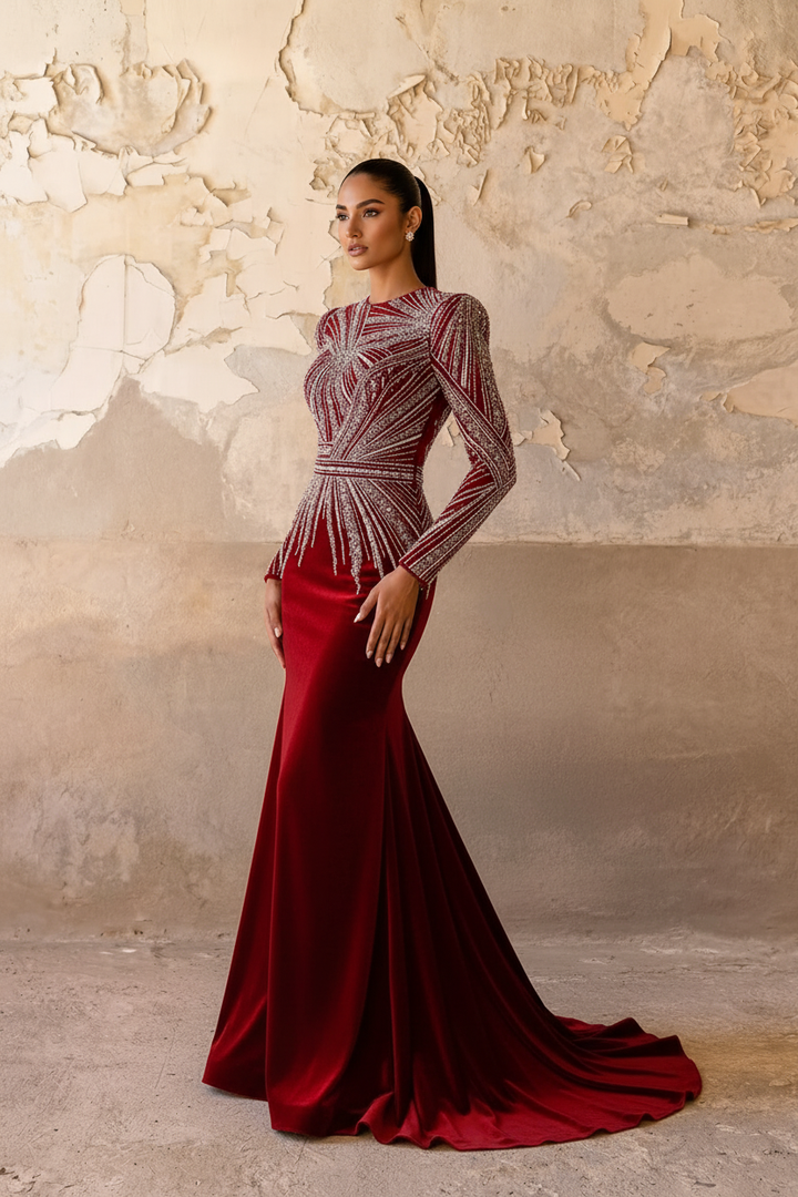 Gothic Red Velvet Sequin Evening Gown with Embellishments - Long Sleeve Red Pretty Sequin Dress Plus Size