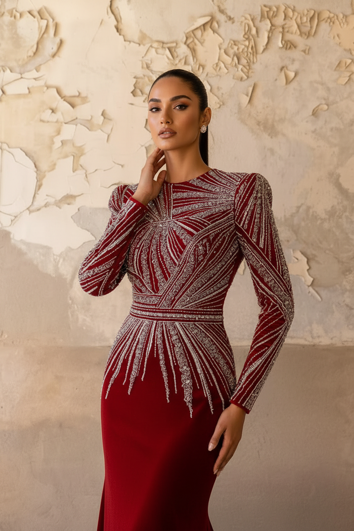 Gothic Red Velvet Sequin Evening Gown with Embellishments - Long Sleeve Red Pretty Sequin Dress Plus Size