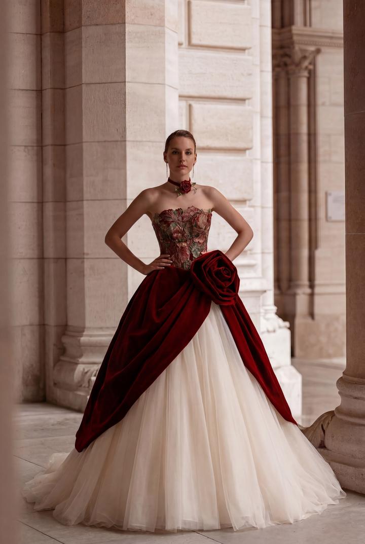 Gothic Red Velvet Wedding Dress With Gauze - Plus Size