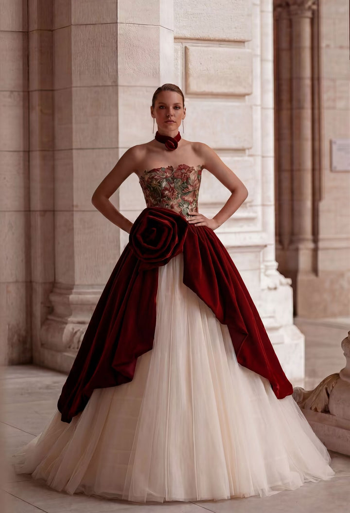 Gothic Red Velvet Wedding Dress With Gauze