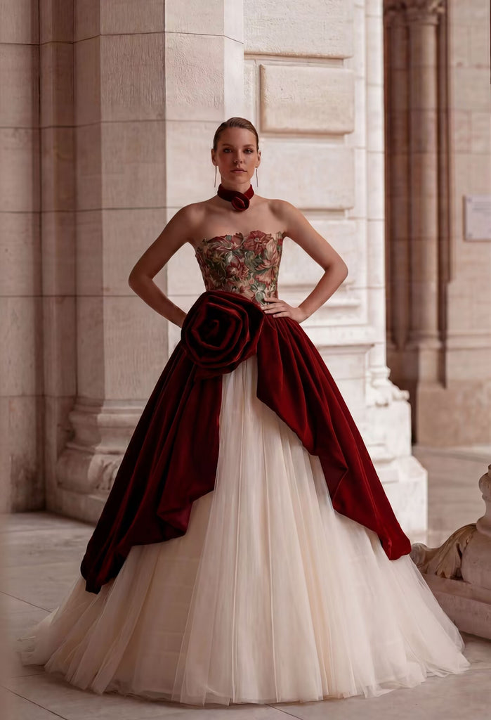 Gothic Red Velvet Wedding Dress With Gauze