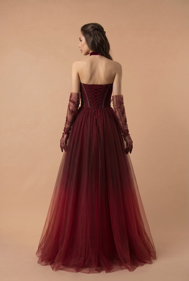 Gothic Strapless Burgundy Tulle Wedding Dress With Asymmetric Gauze Plus Size