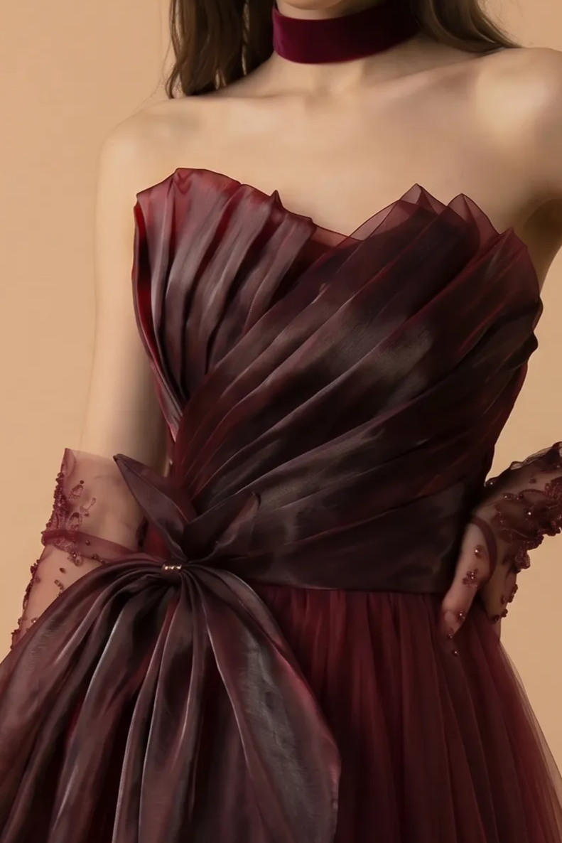 Gothic Strapless Burgundy Tulle Wedding Dress With Asymmetric Gauze Plus Size