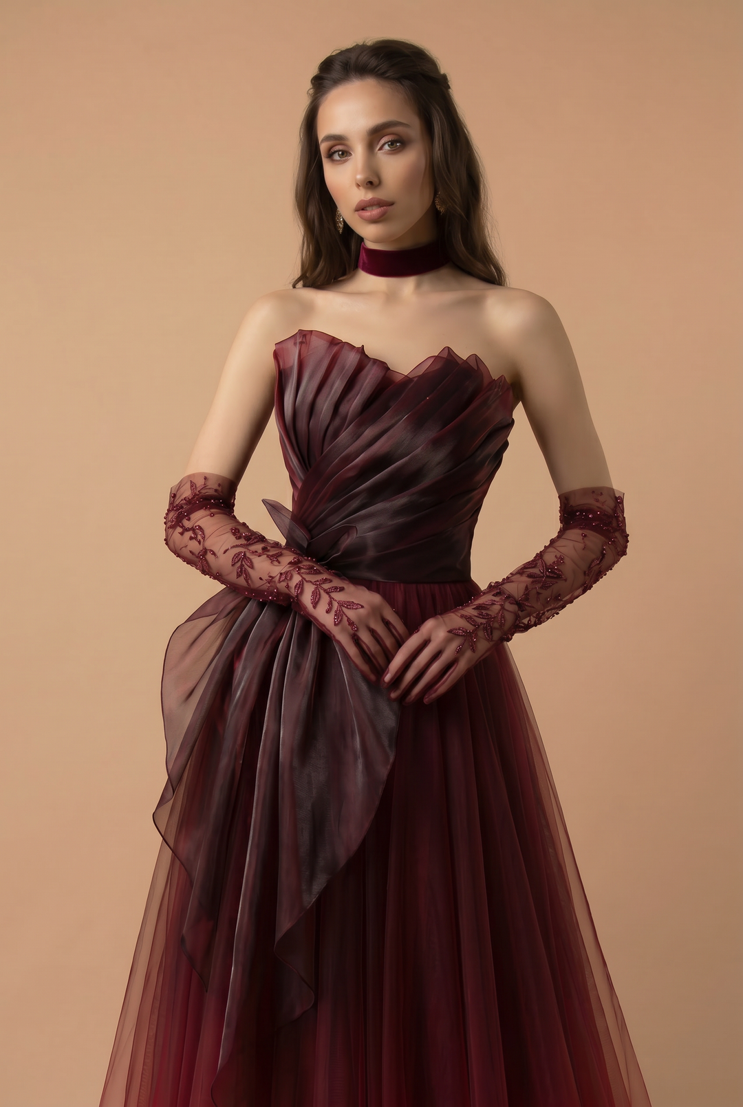 Gothic Strapless Burgundy Tulle Wedding Dress With Asymmetric Gauze Plus Size