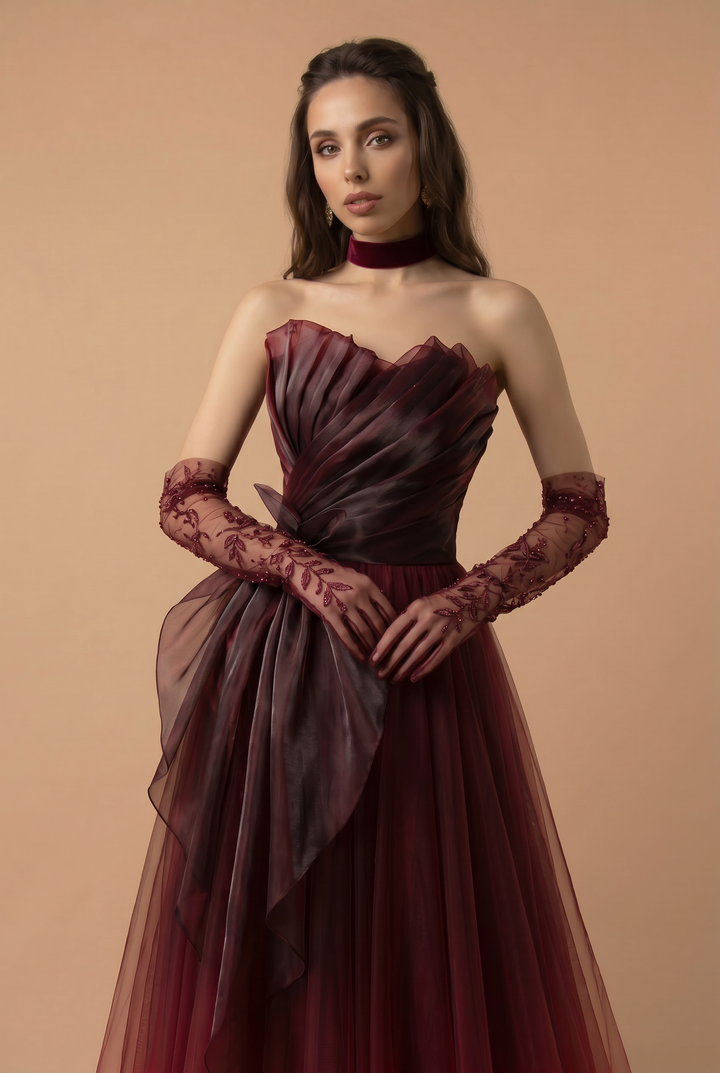Gothic Strapless Burgundy Tulle Wedding Dress With Asymmetric Gauze Plus Size