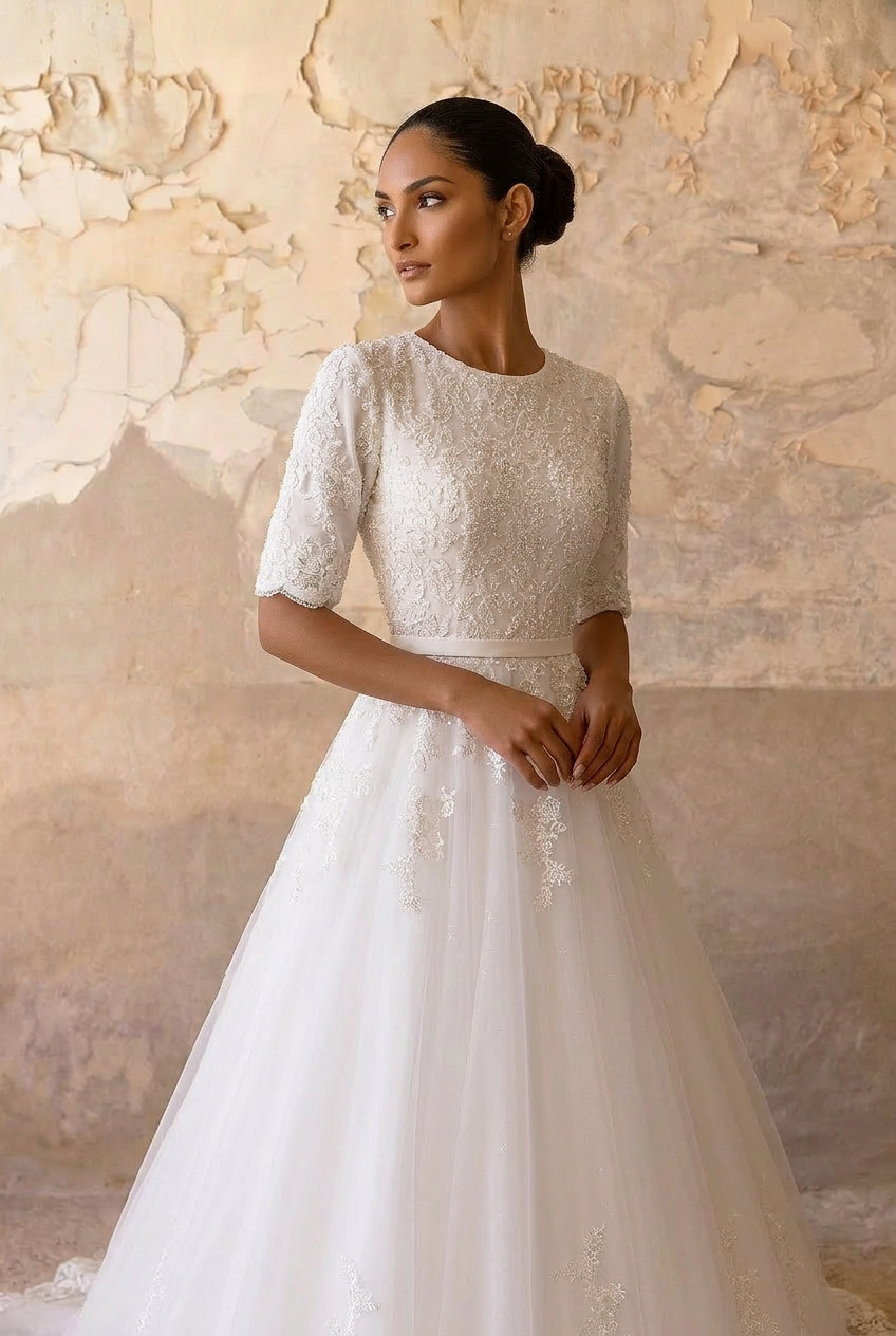 Graceful Allure: Vintage Modest Lace Wedding Dress with Sleeves Plus Size