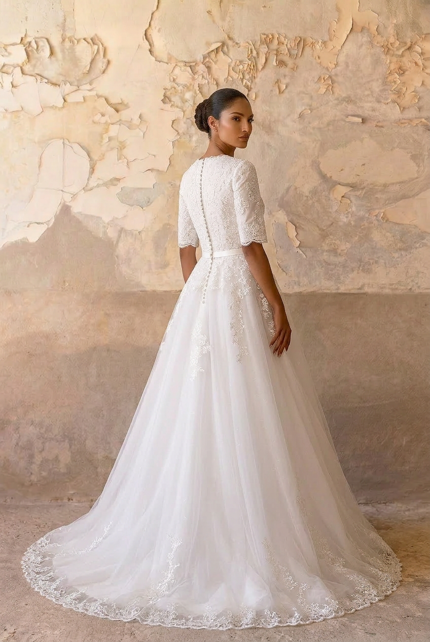 Graceful Allure: Vintage Modest Lace Wedding Dress with Sleeves Plus Size