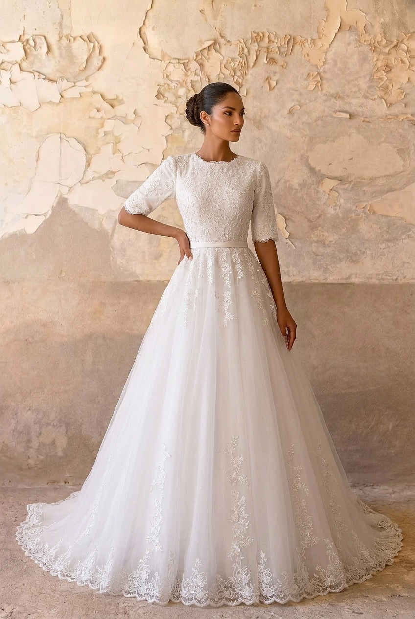 Graceful Allure: Vintage Modest Lace Wedding Dress with Sleeves Plus Size Size 24W / White / No Veil
