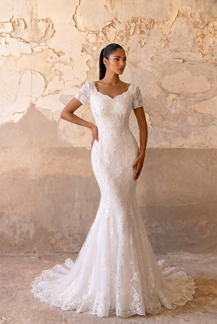 Graceful Elegance: Modest Mermaid Lace Wedding Dress with Short Sleeves Plus Size