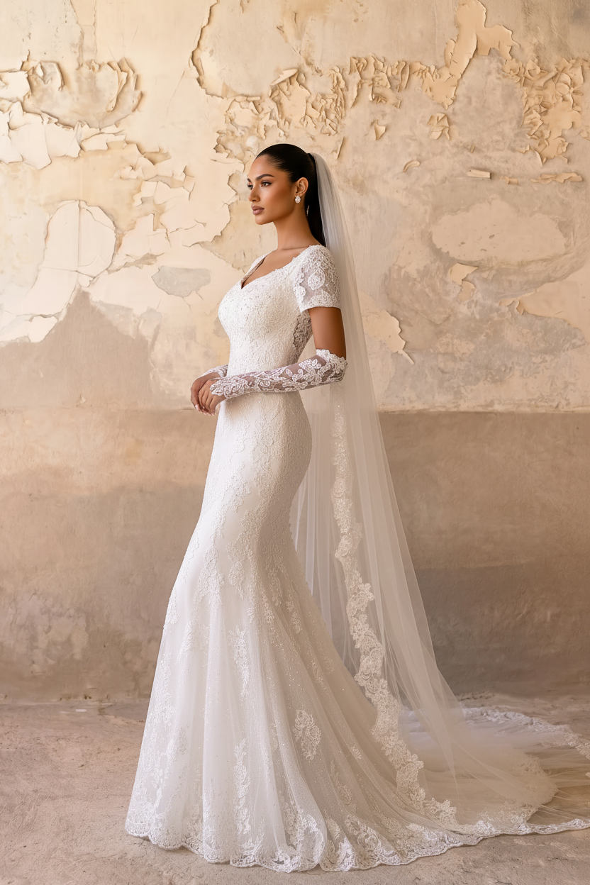 modest white lace dress with sleeves Modest Long Sleeve Wedding Dress with Embroidered Bodice