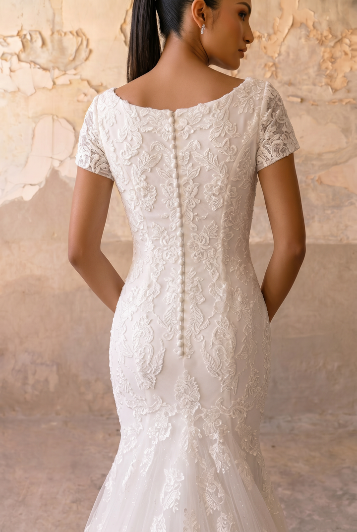 Graceful Elegance: Modest Mermaid Lace Wedding Dress with Short Sleeves Plus Size